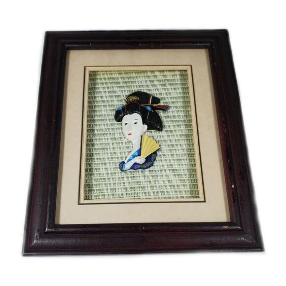 Vintage Geisha Woman Holding Oriental Fan Porcelain Shadow Box Wall Hanging 9x10 - Picture 1 of 3